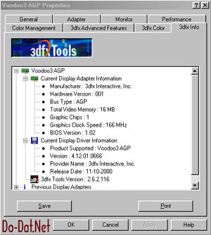 Windows 98 Screen Shot of 3dfx Voodoo 3 3000 AGP Properties - info