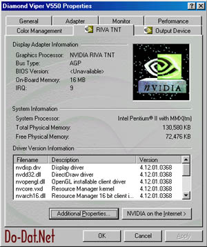 Windows 98 Screen Shot of Diamond Viper 550 Properties