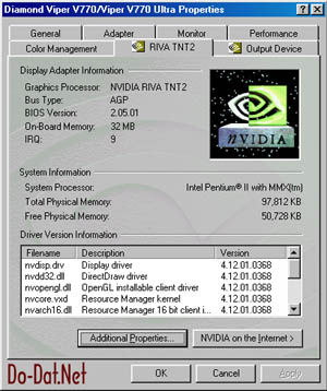 Windows 98 Screen Shot of Diamond Viper 770 Ultra Properties